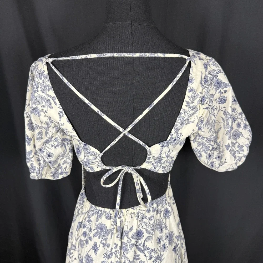 Just Found Blue & White Toile Cottagecore Prairie Dress Open Back Midi, size M - Picture 4 of 15